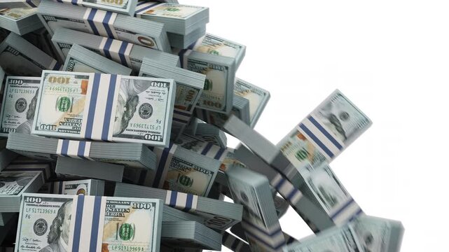 US dollar bills inpacks transition, 3d animation