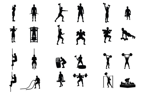 Collection of male fitness silhouettes performing various gym workouts and strength training exercises with equipment.