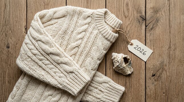A folded cream-colored knitted sweater with a baby bootie and tag on a wooden surface