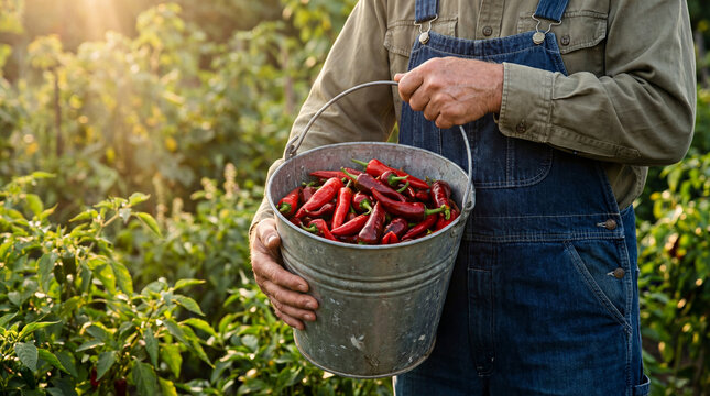 A farmer proudly holds a bucket full of freshly harvested red chili peppers from his organic garden at sunset