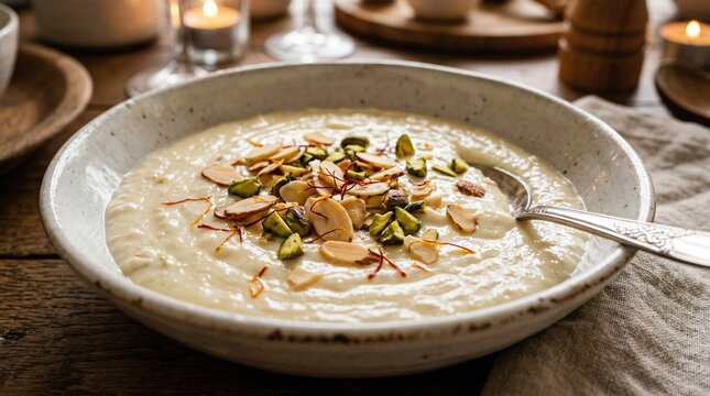 Velvety rabri style dessert with almonds and pistachios