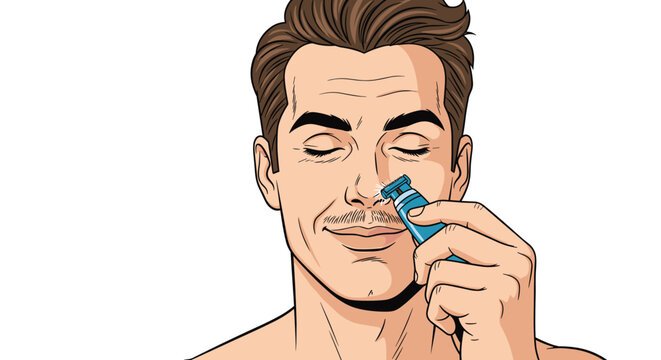 Man with his eyes closed using an electric nose hair trimmer on his nostril in a classic comic book pop art style.