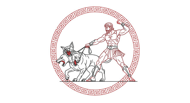 Greek mythological hero Hercules in a circular frame holding the three headed dog Cerberus on leashes during his labors.