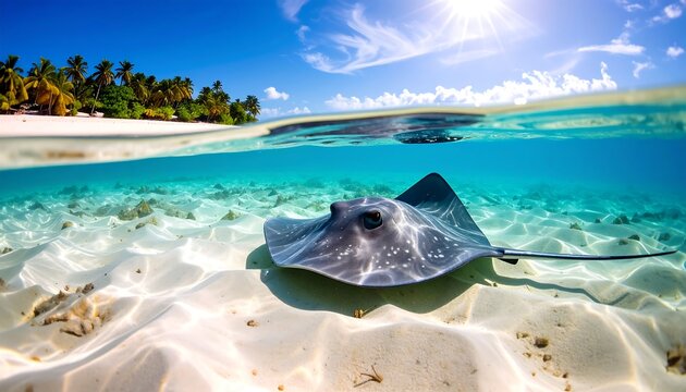 Split-level view of a tropical paradise. Above the waterline a sandy beach with palm trees. Below stingray gliding