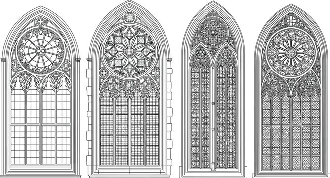 Gothic stained glass window designs, medieval cathedral tracery, ornate rose patterns, pointed arches, intricate geometric lattice panels, decorative symmetrical architecture illustration vector art