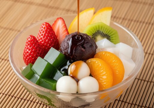 Japanese dessert anmitsu with red bean paste, mochi, fresh fruits, and agar jelly drizzled with kuromitsu syrup