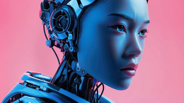 Cyborg woman with mechanical head parts and glowing equipment. Humanoid robot head profile in sci-fi style. Futuristic artificial intelligence concept for tech.