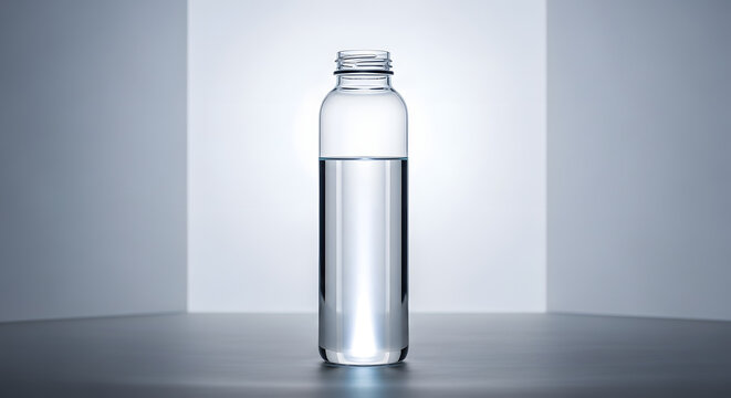 Clear Reusable Water Bottle Half Full in Minimalist Studio Corner Setting, Healthy Lifestyle and Hydration Concept with Sleek Eco-Friendly Transparent Beverage Container, 3D Rendering