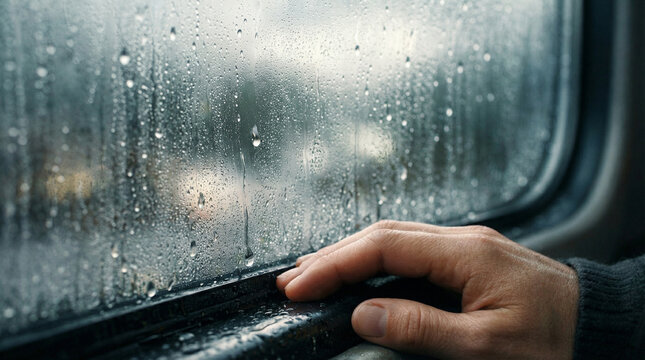 close up of hand touching rain covered window with water droplets and blurred city outside creating moody atmosphere loneliness reflection travel moment emotional scene and contemplative feeling