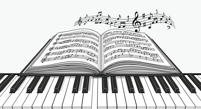 Grand piano keyboard with an open book of sheet music and musical notes floating in the air in a clean line art style.