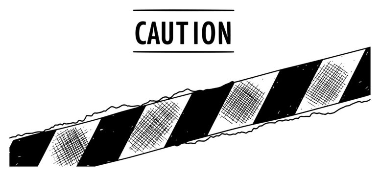 Hand drawn woodcut style caution tape banner with warning sign