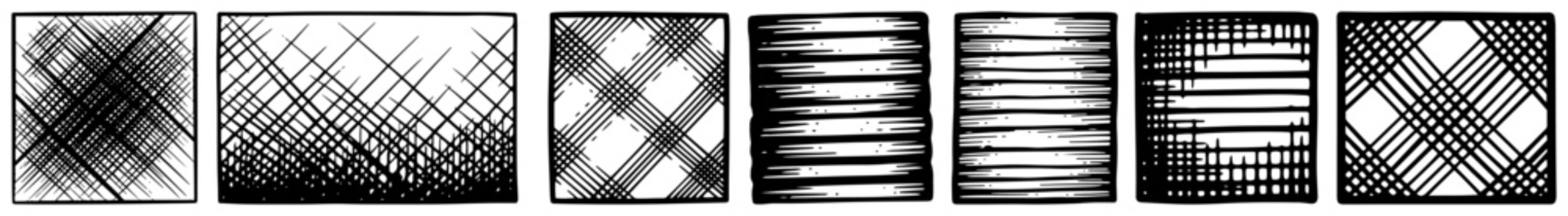 Set of vintage hand drawn cross hatching and shading texture samples in engraving style