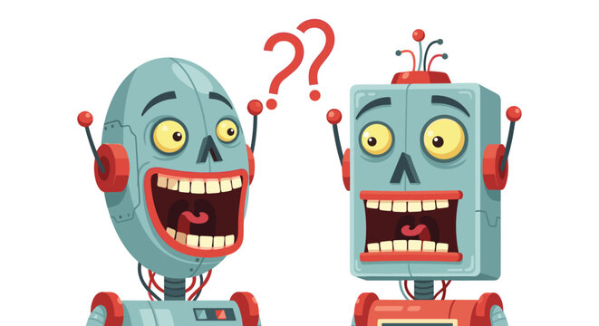 Two quirky vintage style robots with large open mouths and surprised expressions standing next to floating red question marks.