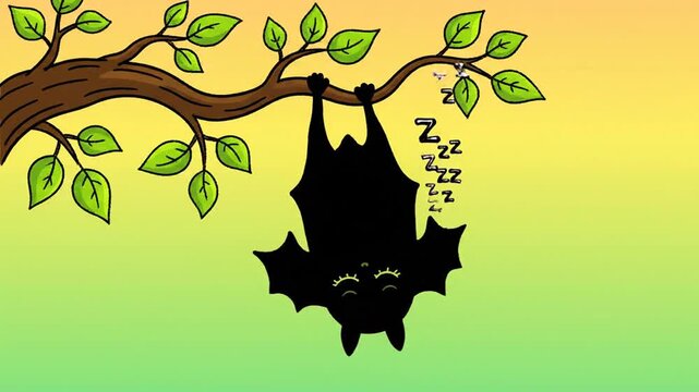 A cartoon bat silhouette hangs upside down from a tree branch with green leaves against a colorful gradient background with zzz sleep symbols.