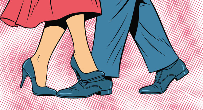 Close up of a man and woman dancing with focus on their stylish blue shoes and the movement of their legs on a pink background.