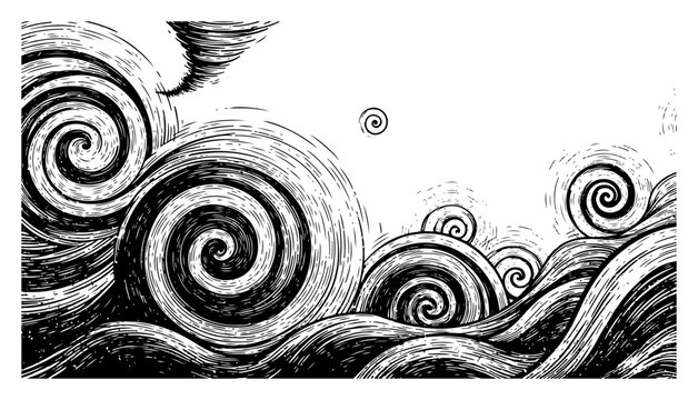 Expressive vintage engraving style illustration of swirling storm clouds and wind vortexes