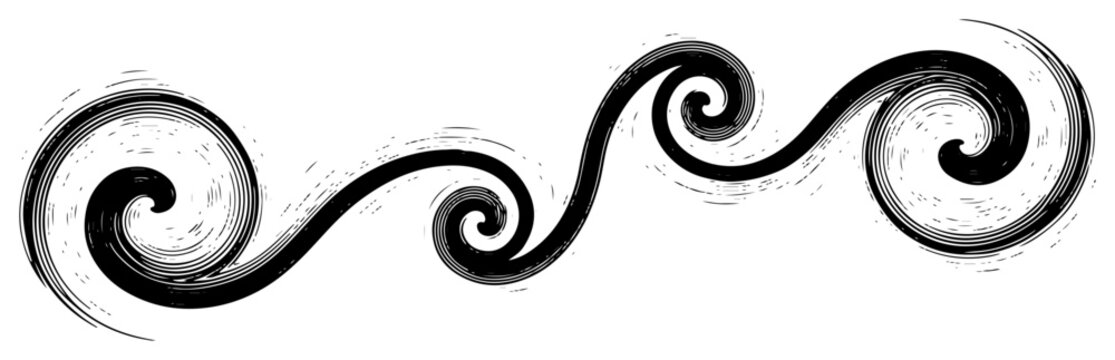 Hand drawn vintage engraving style decorative scroll flourish with textured swirling lines