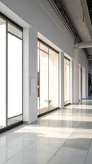 Obraz premium Bright, clean hallway with large windows, patterned floor. Light shines through