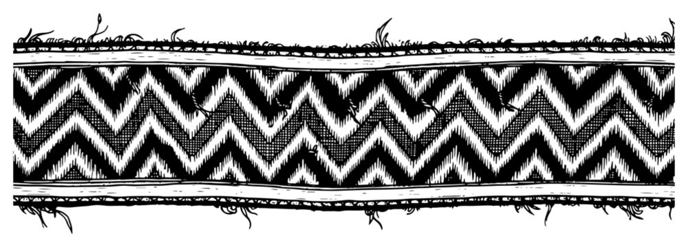 Vintage hand drawn engraving of a decorative horizontal border with geometric zigzag pattern and frayed edges