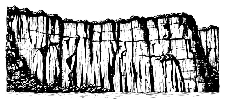 Hand drawn engraving style illustration of a massive rocky cliff wall