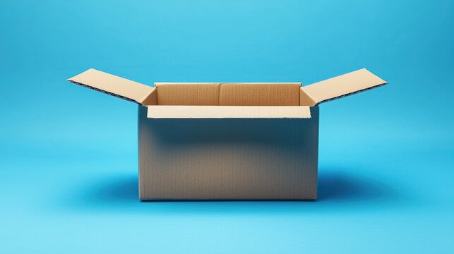 Open cardboard box on blue background;  e-commerce packaging concept