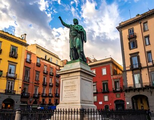 Fototapeta premium Orator statue stands tall in a vibrant European city square under a partly cloudy sky