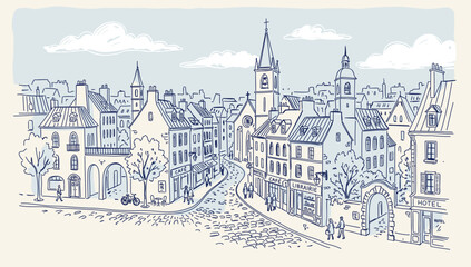 Obraz premium Old European town. Vector hand-drawn illustration. Blue and white color palette