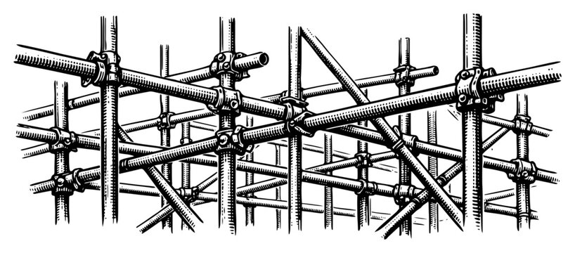 Hand drawn vintage engraving style illustration of metal scaffolding construction structure