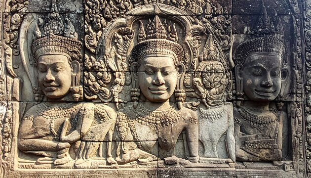 Stone relief Three figures with ornate headdresses and jewelry, carved into an old, textured wall