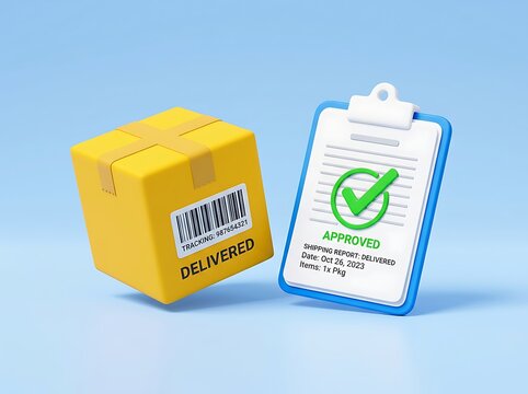 Delivered package box with barcode label and approved clipboard on blue background  shipping and delivery concept