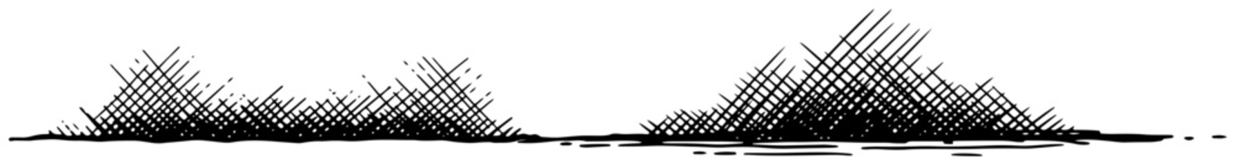 Minimalist hand drawn cross hatched grass and vegetation elements on a horizontal ground line © Mago