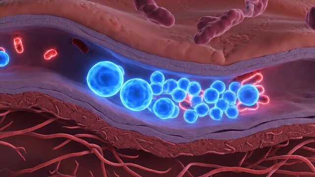 Microscopic view of bacteria and cells in a blood vessel, illustrating infection and immune response.