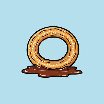A vector illustration of a circular sugared churro ring standing in a pool of melted dark chocolate, isolated on a light blue background.