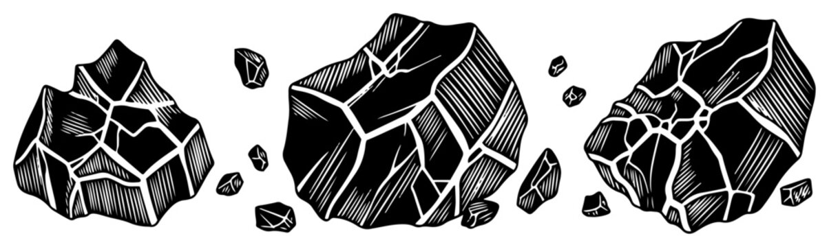 Set of dark cracked boulders and stone fragments in graphic woodcut style