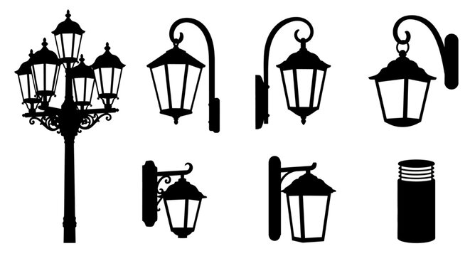 Black silhouette street lamps collection.