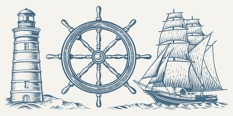 Vintage nautical illustration featuring a lighthouse ship s wheel and sailing ship © Rakesh