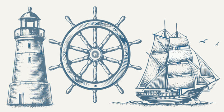 Vintage nautical illustration featuring a lighthouse ship s wheel and sailing ship