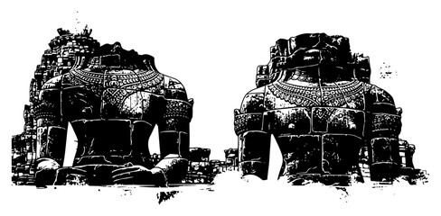 Ancient headless stone statues of deities in a temple ruin vintage illustration © Mago