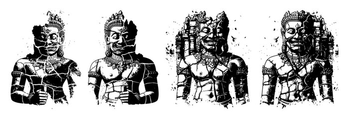 Fototapeta premium High contrast hand drawn set of weathered and cracked ancient stone statues of deity or king