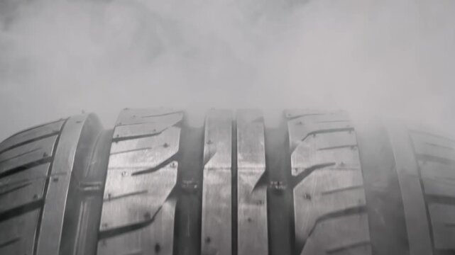 Tire Smokes Due to Slipping. The spinning wheel rubs against the asphalt and creates a cloud of white smoke on a black background