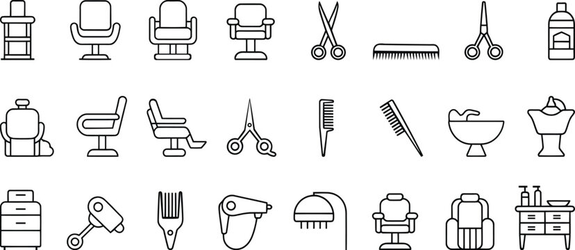 Hair Salon and Barbershop Line Icons Set &ndash; Hairdresser Chair, Scissors, Comb, Hair Dryer, Beauty Salon Equipment Vector Outline Collection