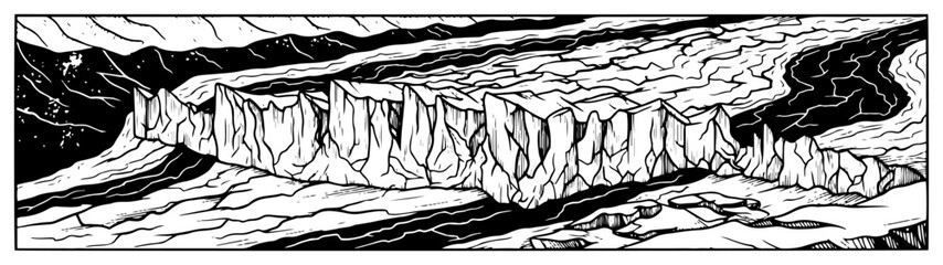 Detailed vintage engraving style illustration of a massive glacier wall and arctic mountain landscape © Mago