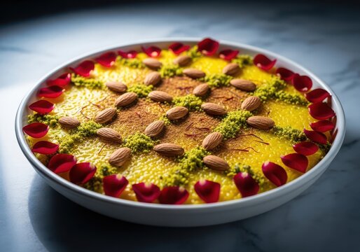 Traditional zarda sweet rice dish garnished with almonds, pistachios, saffron, and rose petals