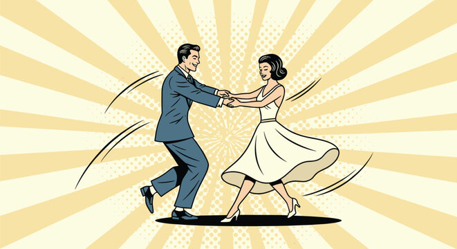 Elegant man and woman dancing together in a classic style against a beige sunburst background in a pop art style.