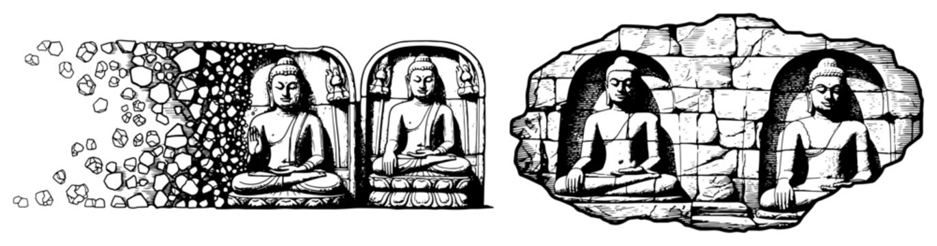 Vintage stipple style illustration of Buddha statues in stone niches with a crumbling fragment effect