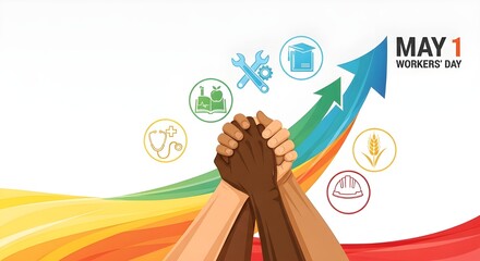 Obraz premium Diverse Hands Unity for Workers Day May 1 Labor Solidarity Growth Arrow Industry Icons Vector Illustration