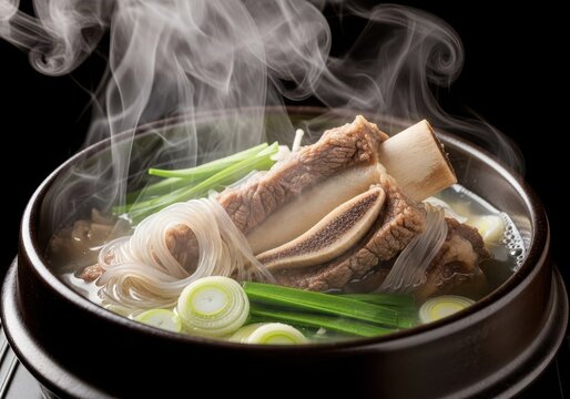Galbitang, traditional korean beef short rib soup with glass noodles and green onions in a stone bowl