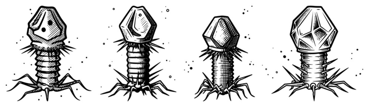 Surreal vintage stipple illustration of bacteriophage virus structures or alien crystalline organisms