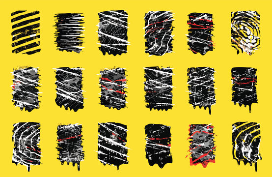 Handmade rolled ink stamp textures collection. Brayer printed grunge letterpress style rough rectangle and vertical shapes with linocut relief effect. Transparent vector illustration