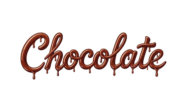The word Chocolate is elegantly written in a thick glossy dark brown liquid script font with realistic melting drips against a stark white background.